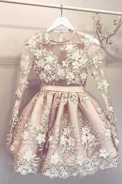 A-line Homecoming Dresses,round Neck Homecoming Dress,short Homecoming Dress,light Champagne Homecoming Dress With Appliques,long Sleeves