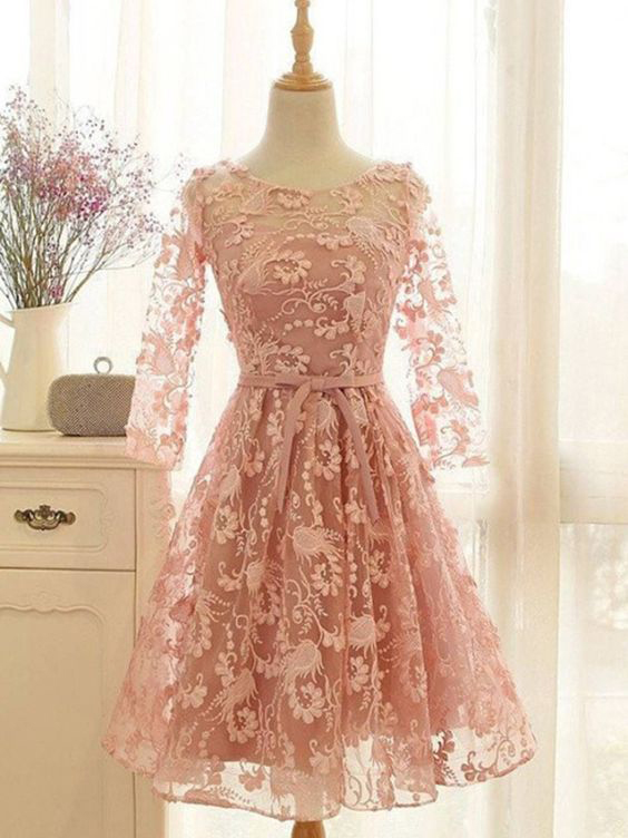 Unique Homecoming Dresses,lace Homecoming Dresses,short Homecoming Dresses,short Prom Dresses,pink Homecoming Dress,long Sleeves Homecoming