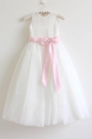 Round Neck Sleeveless Lace Floor-length A-line Tulle Flower Girl Dress With Pink Sash