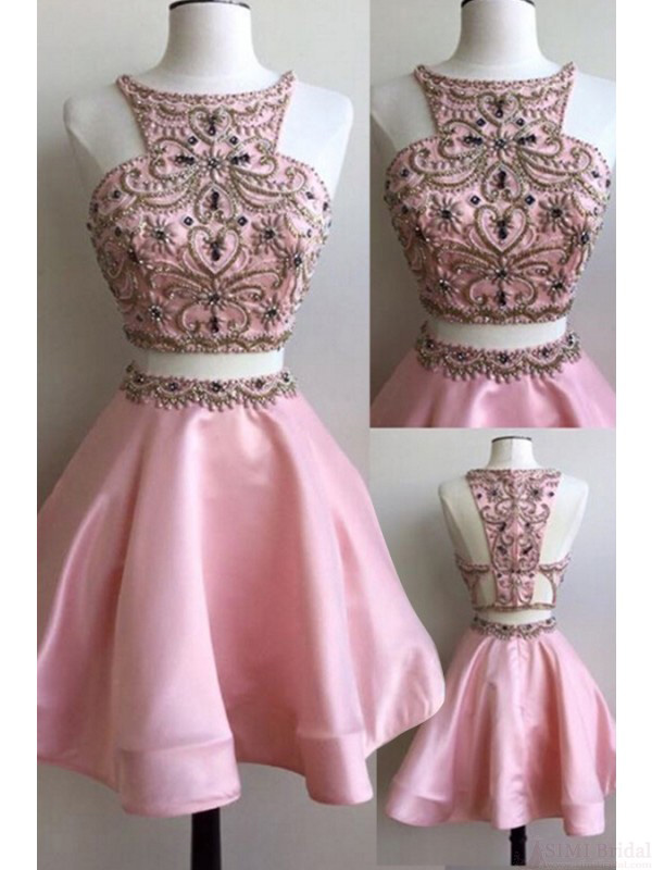 Two Pieces Homecoming Dresses,satin Homecoming Dresses,beading Homecoming Dress,sexy Party Dresses,2 Pieces Prom Dresses,graduation Dress,pink