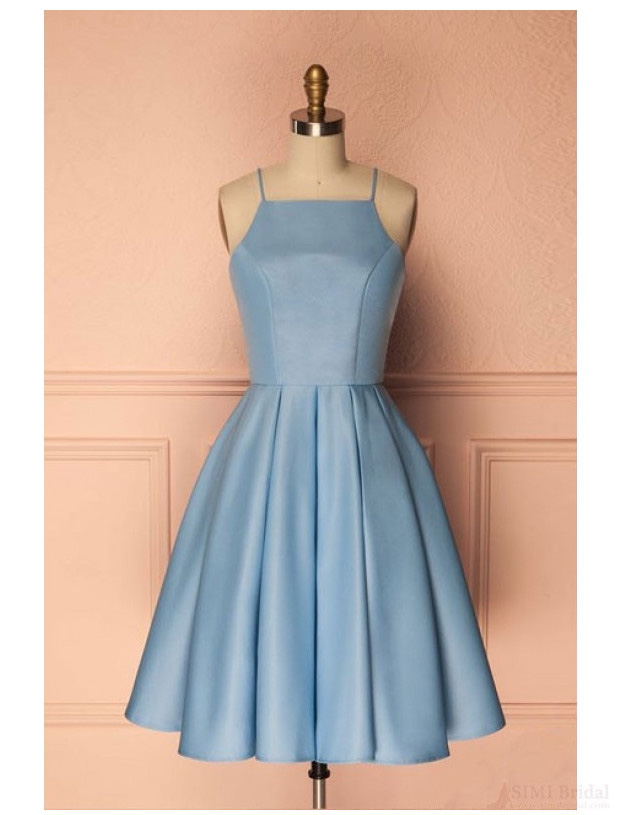 Sky Blue Homecoming Dresses,a Line Homecoming Dresses,satin Homecoming Dresses,blue Party Dresses,spaghetti Straps Prom Dresses,graduation