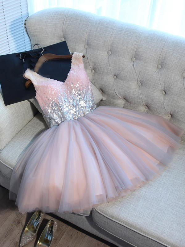 2017 Homecoming Dress, Sexy Homecoming Dresses,a-line Homecoming Dress,short Prom Dress,pink Party Dresses,tulle Homecoming Dress,sequined Prom
