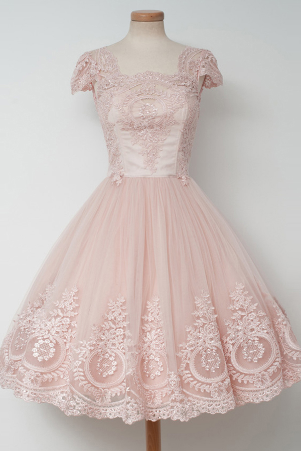 Vintage Homecoming Dresses,knee-length Homecoming Dress,a-line Homecoming Dresses,pearl Pink Homecoming Dress,lace Homecoming Dresses