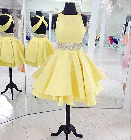 Yellow Homecoming Dresseses,cross Back Homecoming Dress,short Prom Dresses,cute Party Dress, Beading Homecoming Dresses