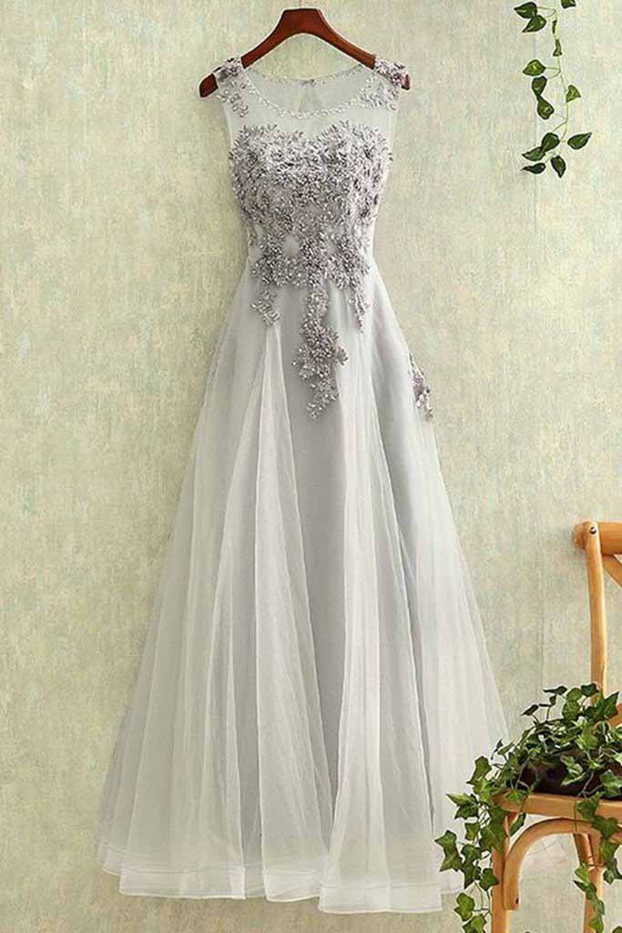 Gray Prom Dresses,tulle Prom Dress,round Neck Prom Dress,a Line Evening Dresses,lace Prom Dress,applique Prom Gown,see-through Evening Gown,long