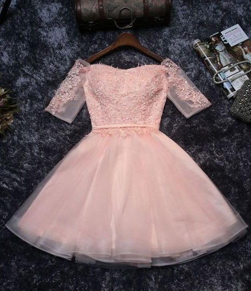 Pink Homecoming Dresses,cute Homecoming Dresses,appliques Prom Dresses,tulle Half Sleeves Prom Dress,short Prom Dress,mini Party