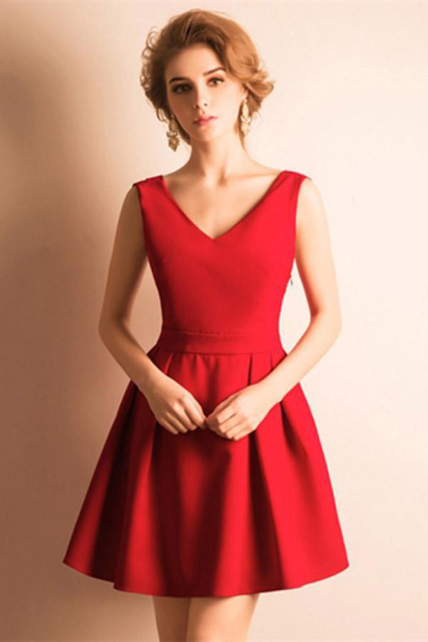 A-Line Homecoming Dress,V-Neck Homecoming Dresses,Red Homecoming Dresses with Bowknot Pleats,Short Prom Dress,Satin Homecoming Dress