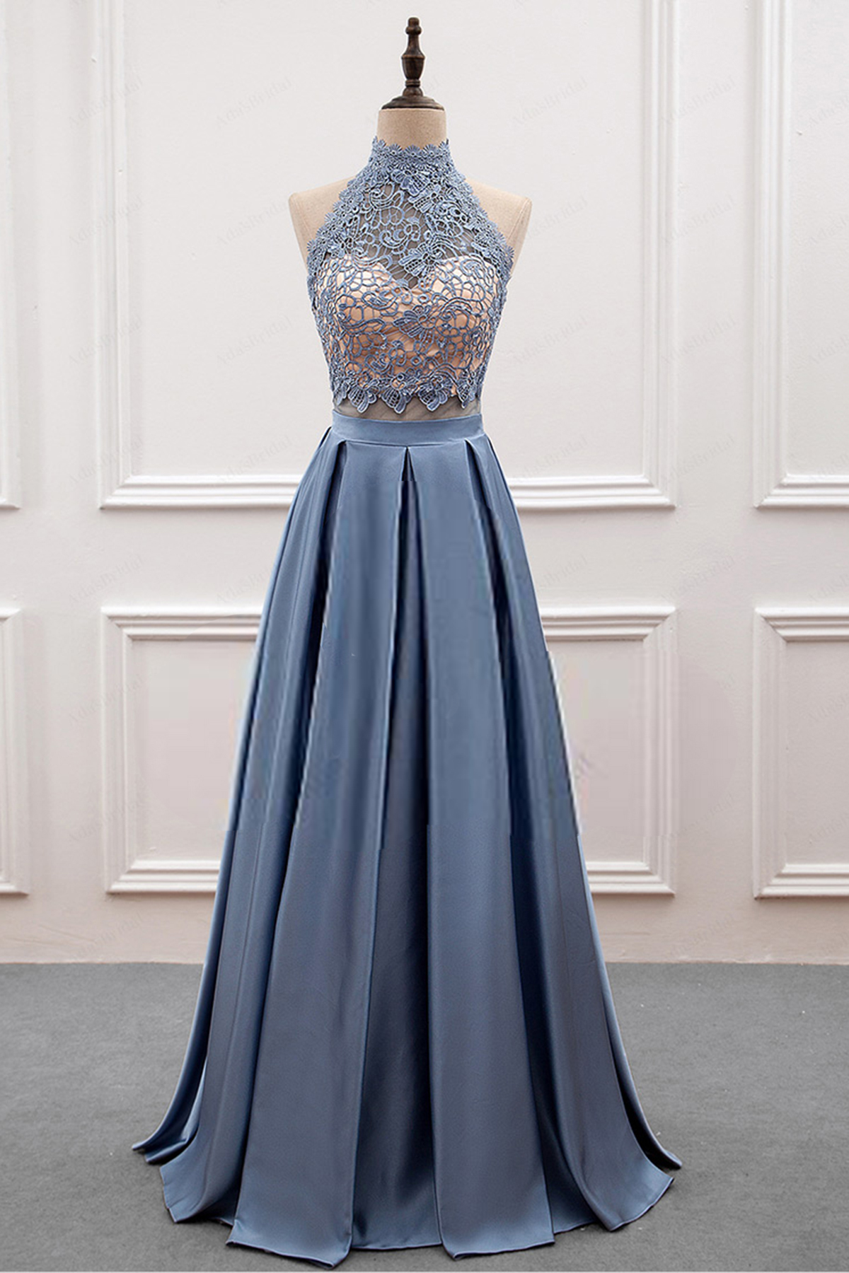 Two Pieces Prom Dresses,lace Prom Dress,long Prom Dresses,high Neck Prom Dresses,formal Evening Dress,a Line Evening Dresses,blue Prom
