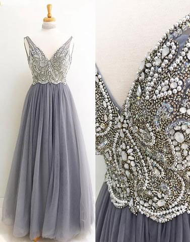 A-line Prom Gown,v-neck Prom Dress,gray Prom Dresses,tulle Prom Gown,long Prom Dress With Beading,long Prom Dresses