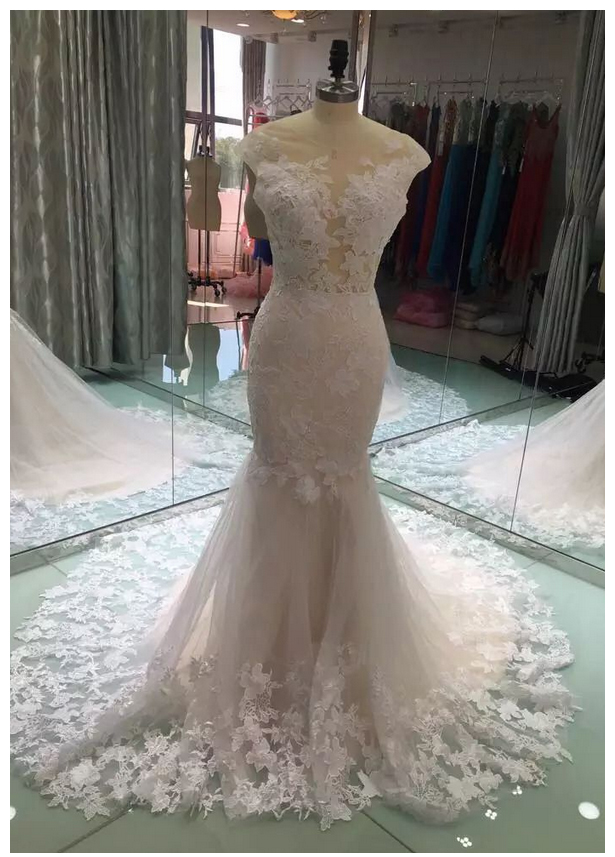 Mermaid Wedding Dresses,pink Wedding Dress,tulle Wedding Gown,lace Bridal Dress,appliques Wedding Dress