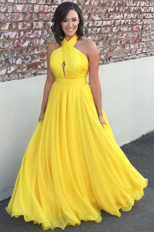 yellow halter prom dress