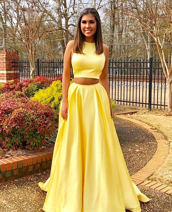 Two Piece Prom Dresses,Yellow Prom Dresses,Long Prom Dress With Pockets