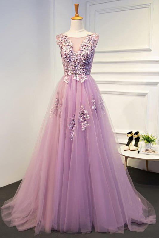 Appliques Prom Dresses, A-line Prom Dress,long Prom Dresses,pink Prom Dresses,tulle Evening Dress,a Line Prom Gowns Ds74