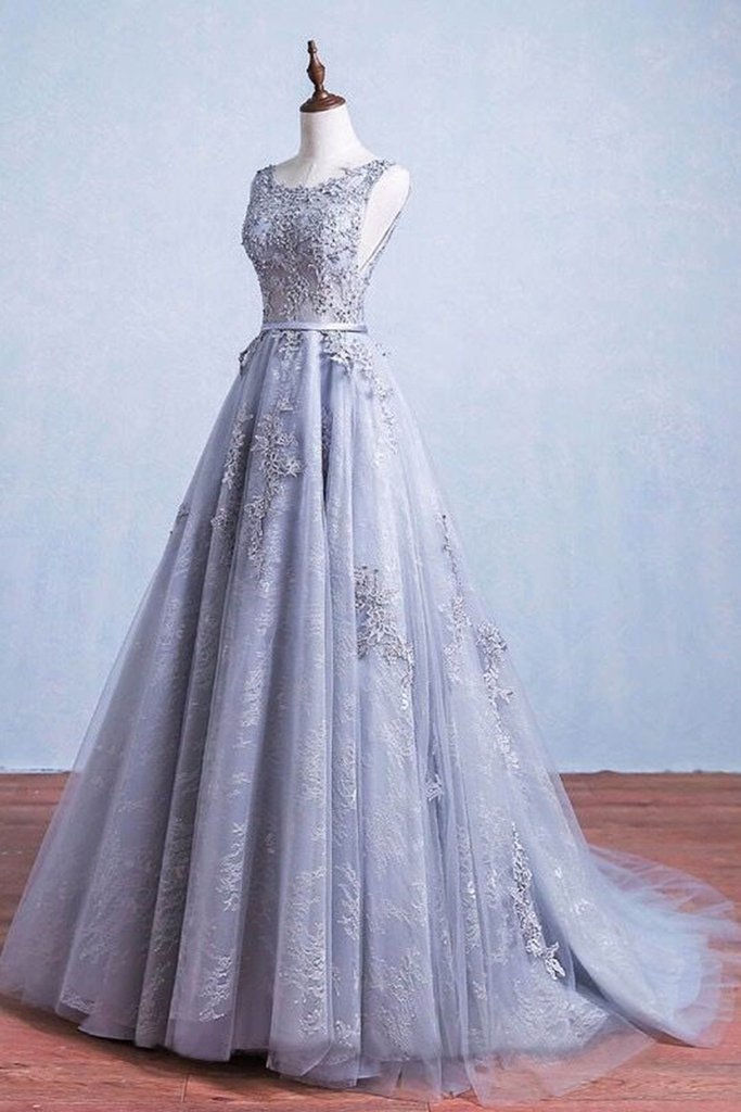 Glamorous Prom Dresses,A-Line Prom Dress,Round Neck Prom Gown,Gray Tulle Ball Gown, Long Prom Dress DS84