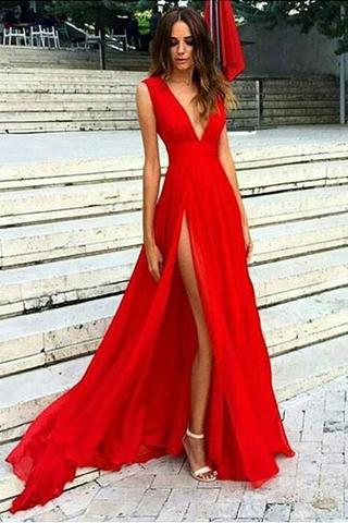red v neck evening gown