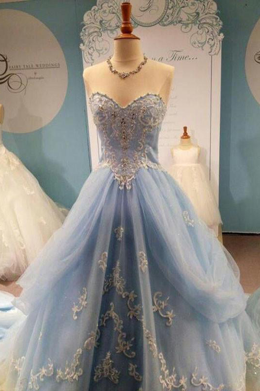 Princess Evening Dresses,Light Blue Evening Dresses,Long Prom Dresses With Applique,Sweetheart Prom Dresses,Beading Prom Gown DS101