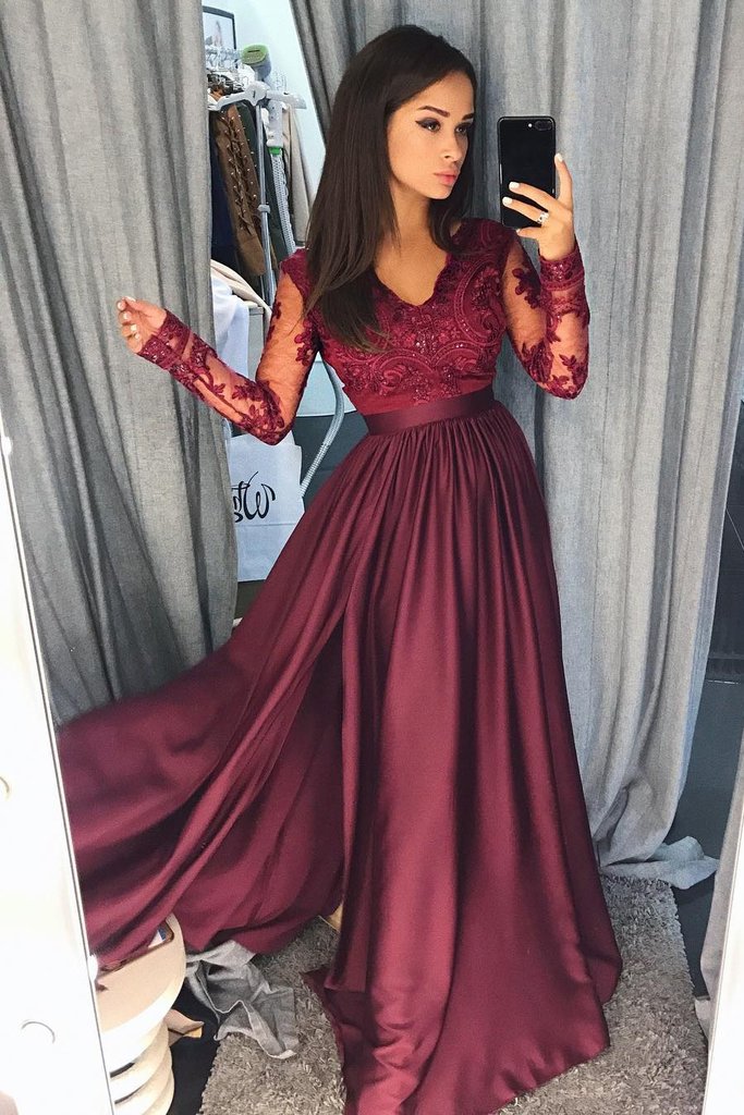 maroon wedding dresses with sleeves