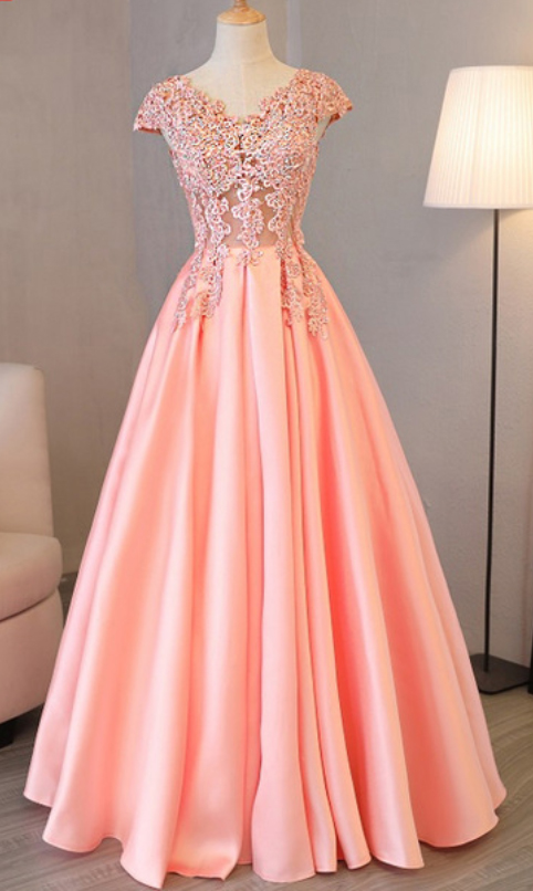 Charming Prom Dress,Cap Sleeve Prom Dresses,Pink Prom Dress,Appliques Prom Dress,Long Evening Dresses,Chiffon Party Dress DS120