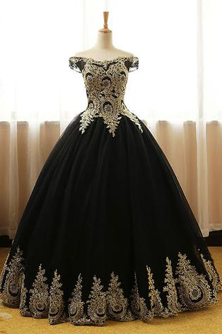 Black Prom Dresses,appliques Prom Gown,ball Gown Prom Dress,long Prom Gown,formal Evening Dress,black Quinceanera Dress Ds140