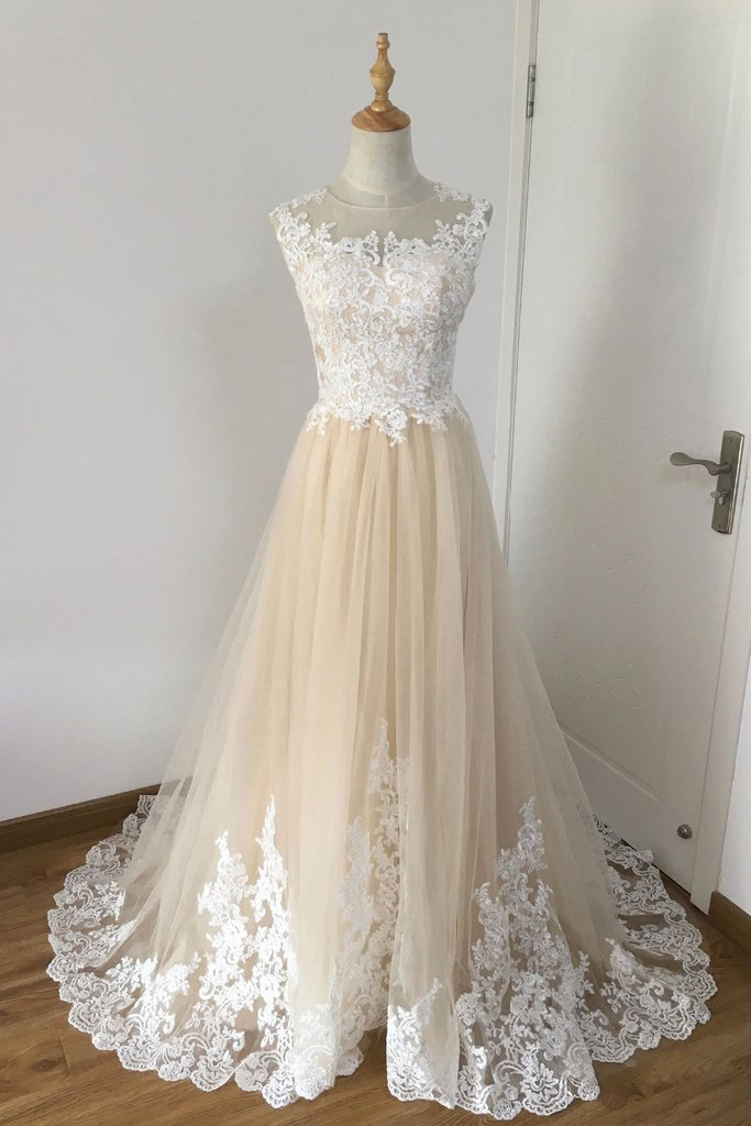 Champagne Prom Dresses,a-line Prom Dress,tulle Prom Gown,lace Applique Prom Dresses,long Prom Dress Ds152