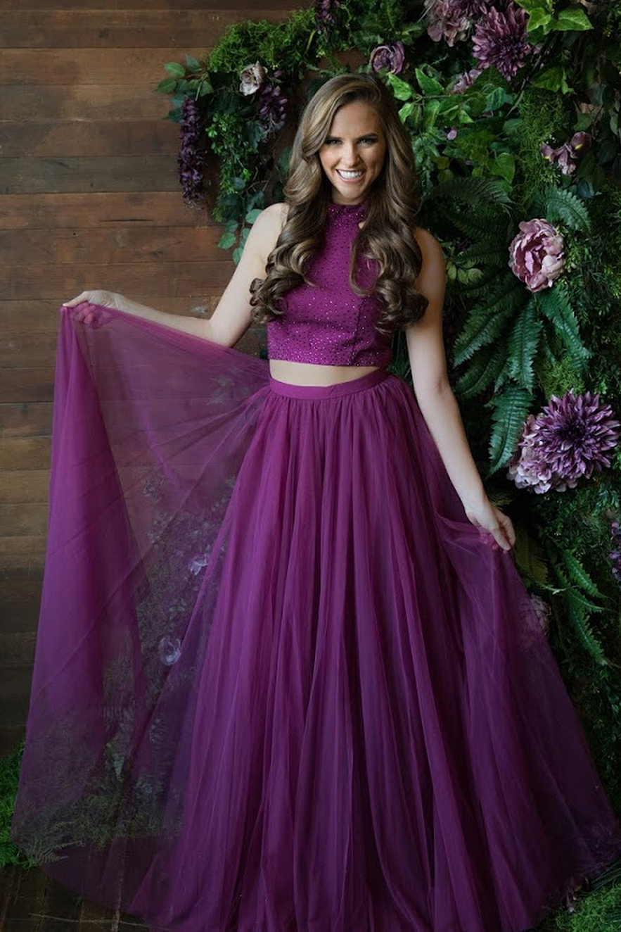 two piece purple prom dress