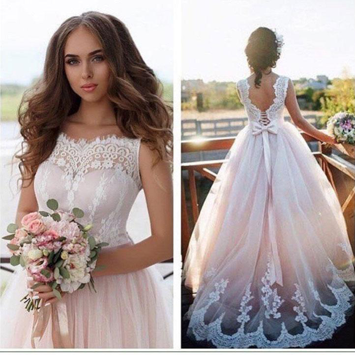 A Line Wedding Dresses Nude Tulle Bridal Dresses With Ivory Lace