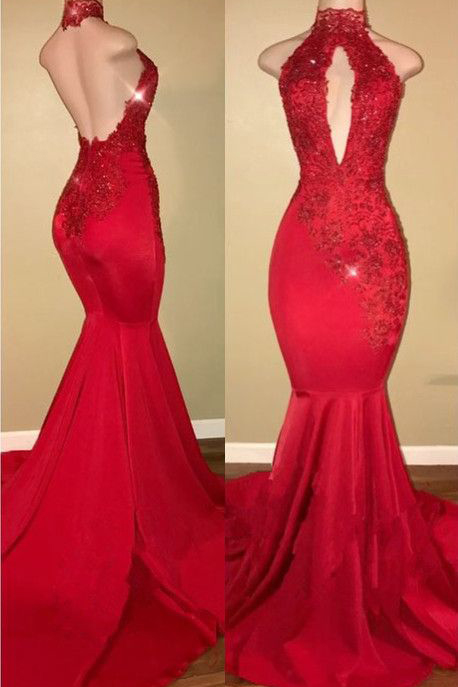 Sexy Prom Dresses,halter Prom Gown,mermaid Prom Dress,2018 Prom Dress,lace Appliques Prom Dresses,red Prom Dress Ds189