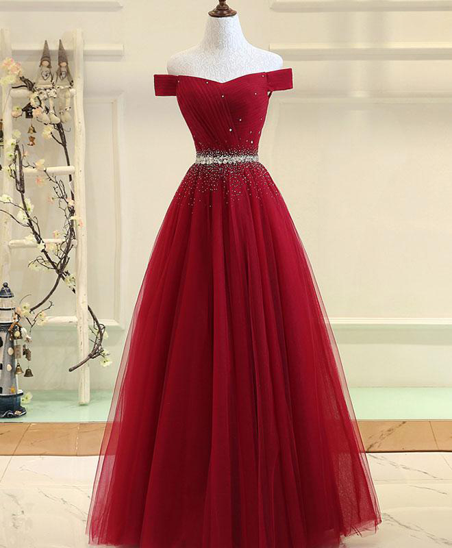 Burgundy Prom Dresses,tulle Prom Gown,off Shoulder Prom Dresses,long Prom Dress,a Line Evening Dress Ds207