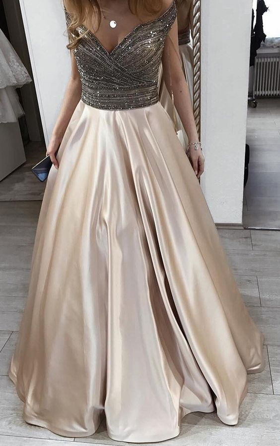 Champagne Prom Dresses,Off The Shoulder Prom Dresses,Satin Prom Dress,A