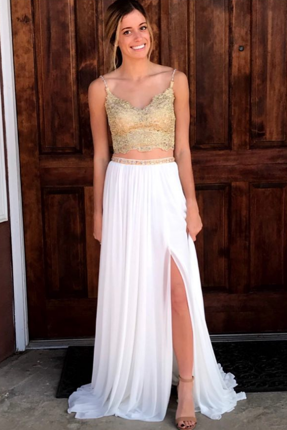 gold 2 piece prom dress