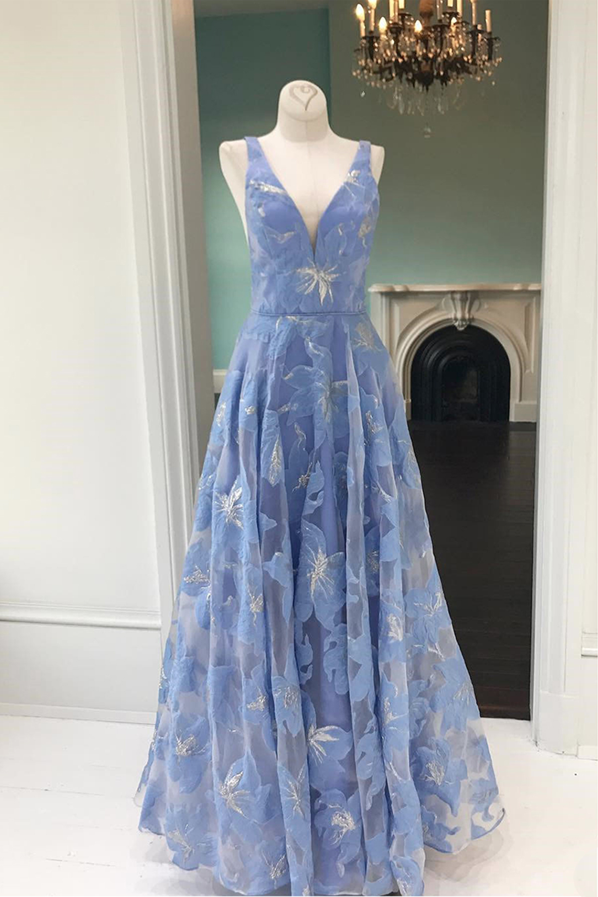 Simple Prom Dress,blue Prom Dresses,floral Prom Dress,lace Prom Gown,v Neck Prom Dresses,long Prom Dress Ds265