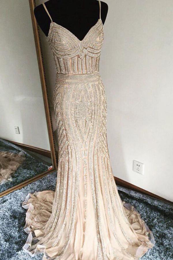 Luxurious Prom Dresses,mermaid Prom Dress,spaghetti Straps Prom Dresses,v-neck Prom Gown,sparkly Prom Dress Ds277