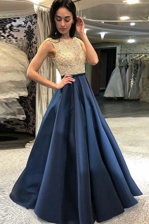 elegant navy blue prom dress