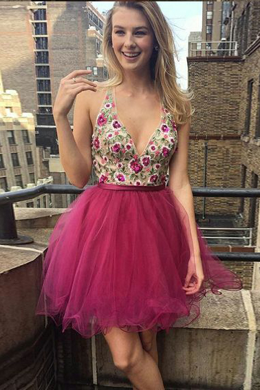 Fuchsia Homecoming Dresses,v Neck 