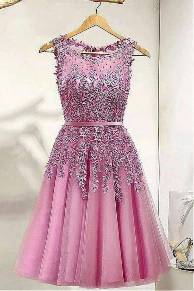 Pink Homecoming Dresses,short Party Dress,lace Appliques Homecoming Dress,beads Homecoming Dresses, Prom Dress Ds385