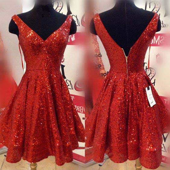 Short Homecoming Dresses,a-line Homecoming Dress,v-neck Homecoming Dresses,sequins Homecoming Dresses,red Homecoming Dress Ds456