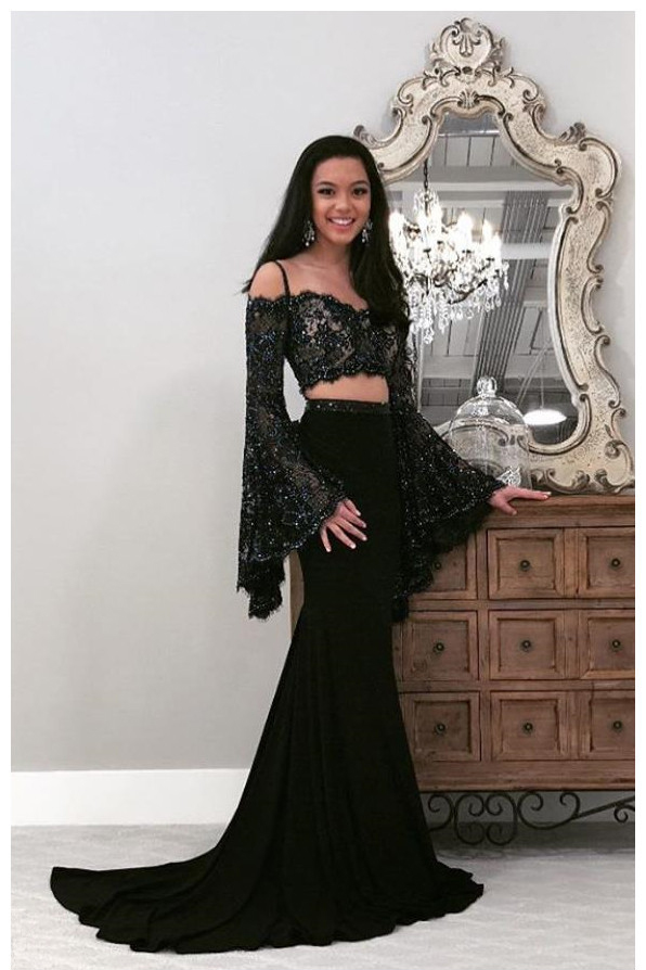 Long Sleeve Prom Dress,Lace Top Prom Dresses,Black Prom Dresses,Two