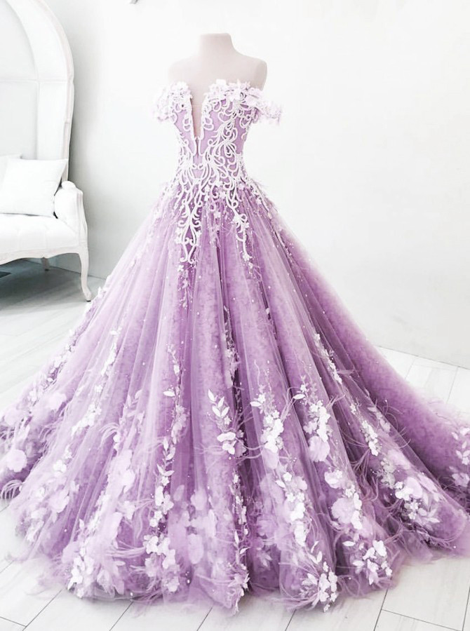 Ball Gown Prom Dresses,off-the-shoulder Prom Dress,lilac Prom Dresses,appliques Prom Dress,floor Length Ball Gown Evening Dress Ds489