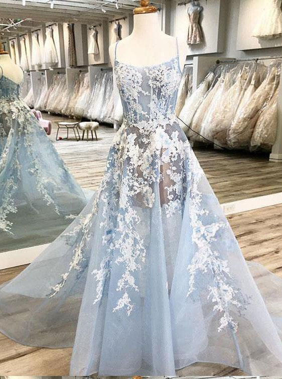 Spaghetti Straps Prom Dresses,A Line Prom Gown,Unique Prom Dresses,Light Blue Evening Dress DS508