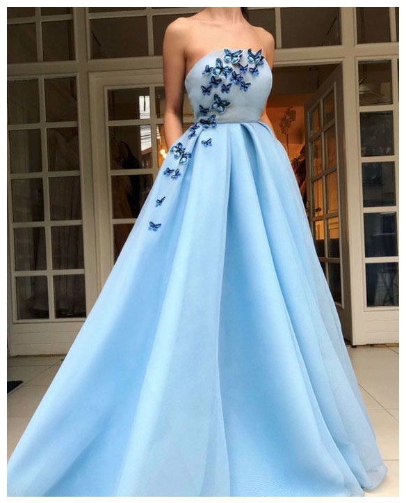 strapless light blue prom dress