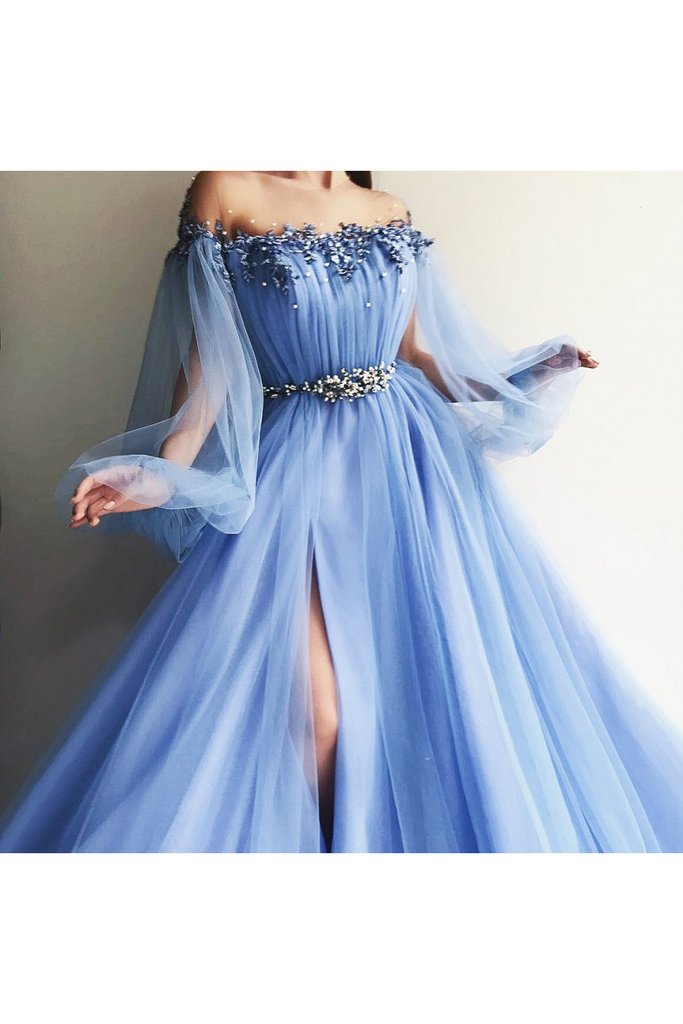 Blue Prom Dresses,Long Sleeves Prom Dress,Off The Shoulder Prom Dresses ...