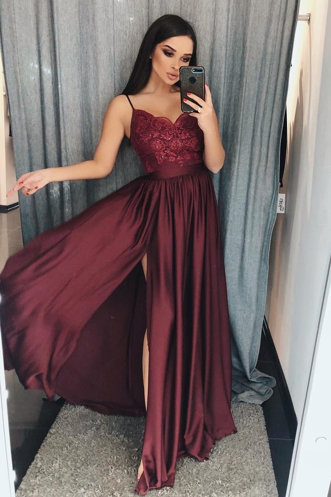 Burgundy Prom Dress A Line Prom Dresses V Neck Long Prom Gown Split Prom Dresses With Lace Ds594 On Luulla