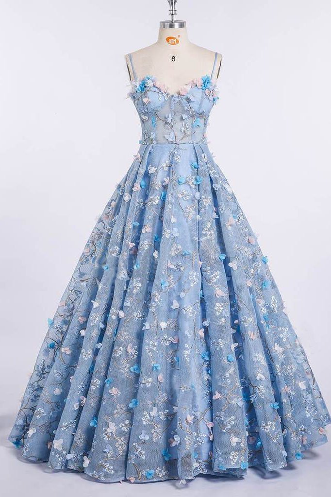 Princess Prom Dresses,Spaghetti Strap Prom Dress,3D Flower Applique Prom Gown,Sky Blue Prom Dresses,Ball Gowns DS596