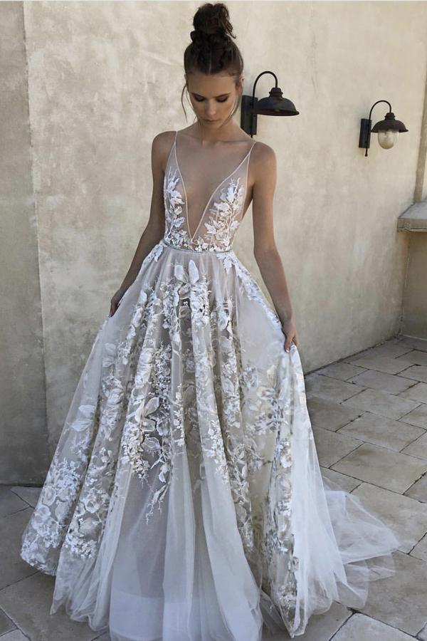 Deep v neck hot sale tulle prom dress