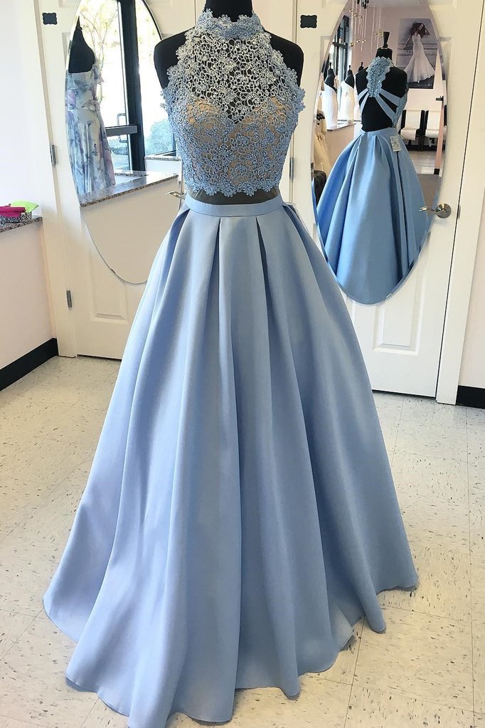 2 Piece Prom Dresses,high Neck Prom Gown, Prom Dress With Lace Top Ds606