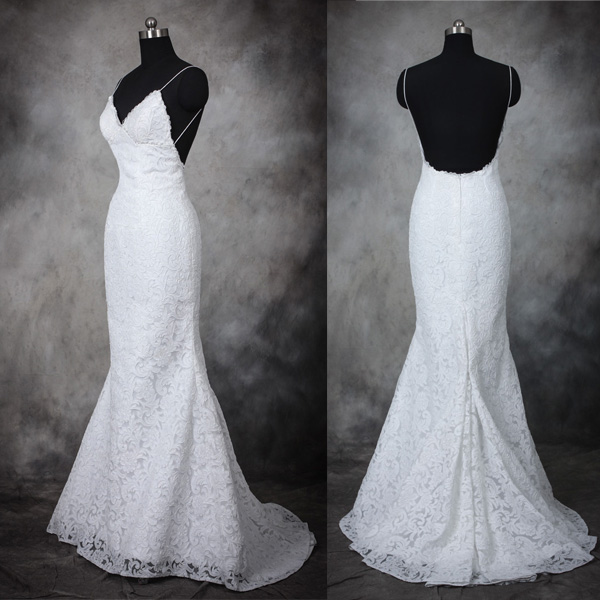 White High Quality Lace Open Back Spaghetti Straps Mermaid Wedding Dress,v Neck Trumpet Bridal Wedding Dresses,custom Backless Bridal Wedding