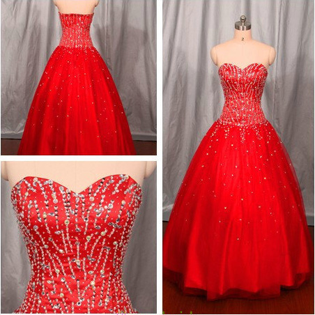 Fantastic Sweetheart Beaded Crystal Red Tulle Long Quinceanera Dress Ball Gown Bodice Full Length Evening Gown Prom Dresses,wedding Party Gown