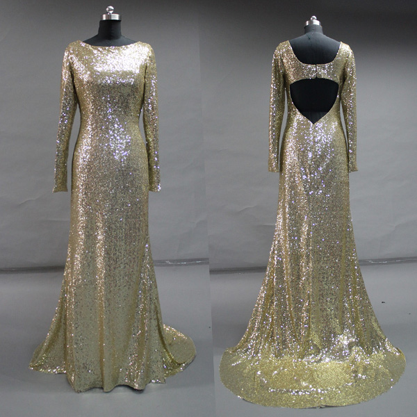 Shiny Sequin Gold Long Sleeves Mermaid Prom Dress,high Neck Open Back Long Evening Dress,custom Made Mermaid Evening Gown,sexy Prom Gown