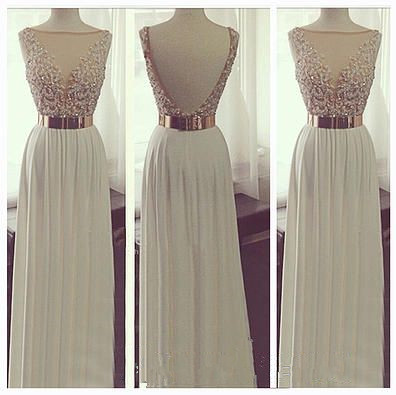 White Chiffon Open Back Long Prom Dresses See Through Beadings Sheath Full Length Evening Prom Dress Handmade Backless Sexy Prom Gown