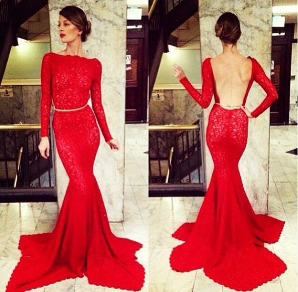 Hot Sales Red Lace Mermaid Long Prom Dress ,Open Back Long Sleeves Prom Dress,Custom Made Backless Trumpet Evening Party Dress,Sexy Evening Prom Gown Graduation Dress,Homecoming Dress